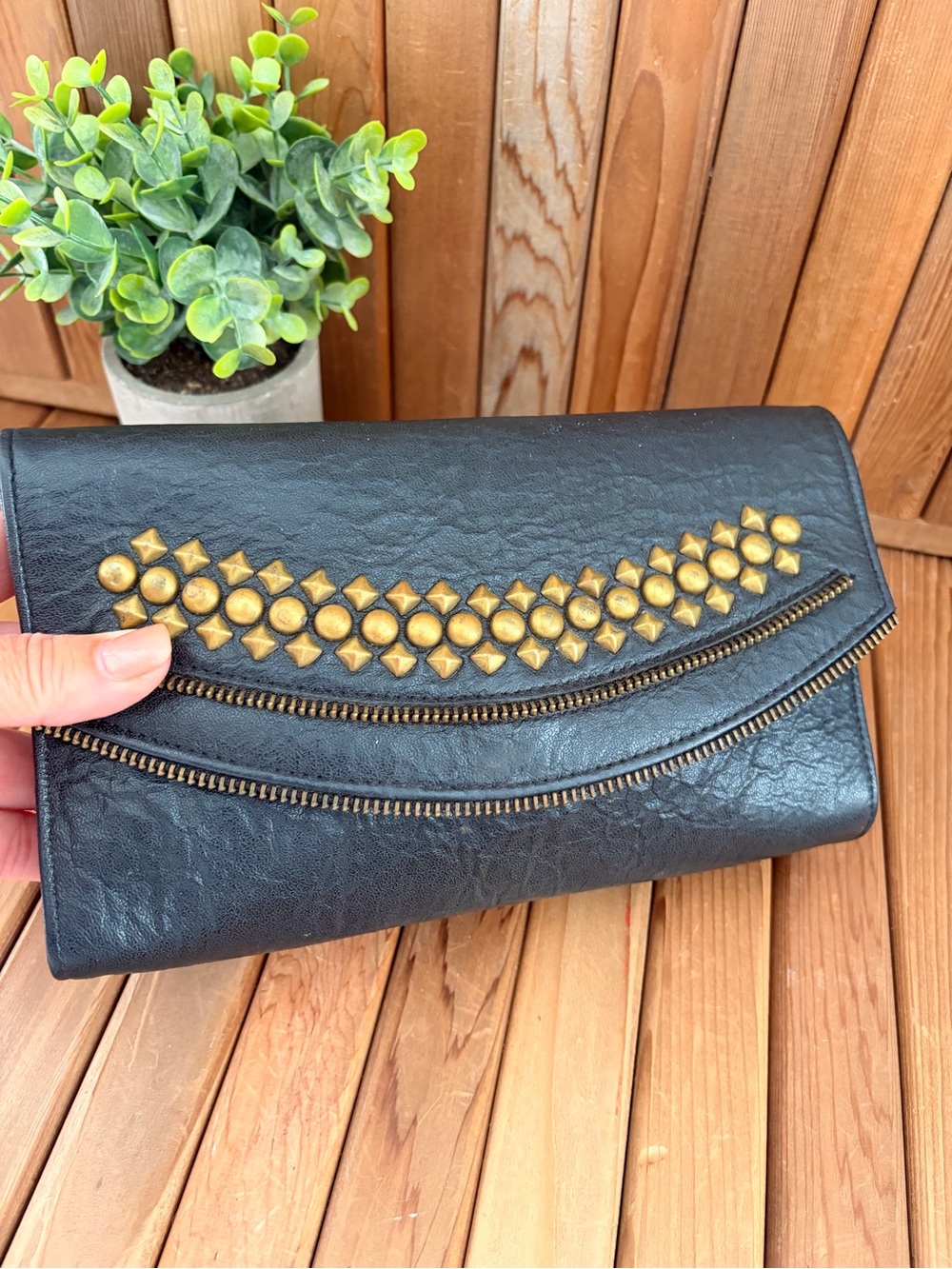 JJ Winters, Y2K Black Studded Leather Clutch, Gold Studs, Boho - Picture 5 of 10